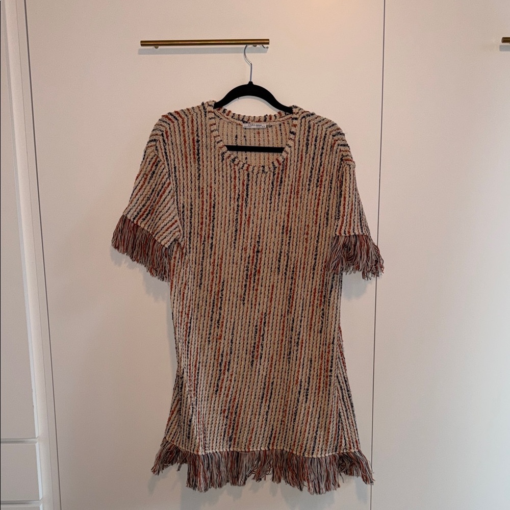 Zara Beige Knit Dress with Red and Navy Details